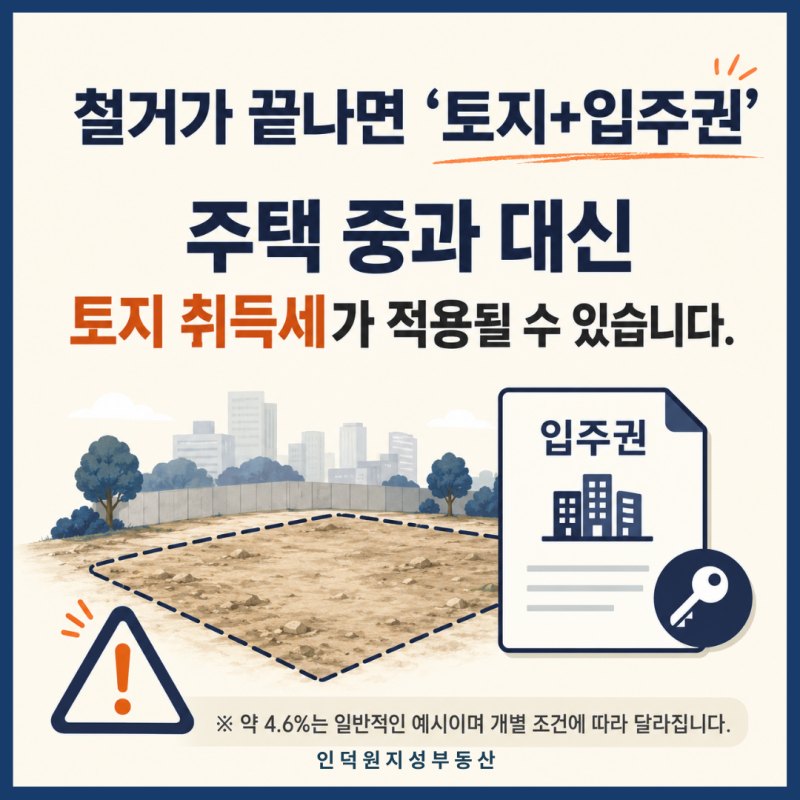 철거가 끝나면 '토지+입주권' — 주택 중과 대신 토지 취득세가 적용될 수 있습니다