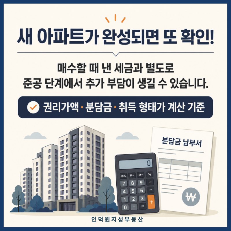 새 아파트가 완성되면 또 확인! 매수할 때 낸 세금과 별도로 준공 단계에서 추가 부담이 생길 수 있습니다