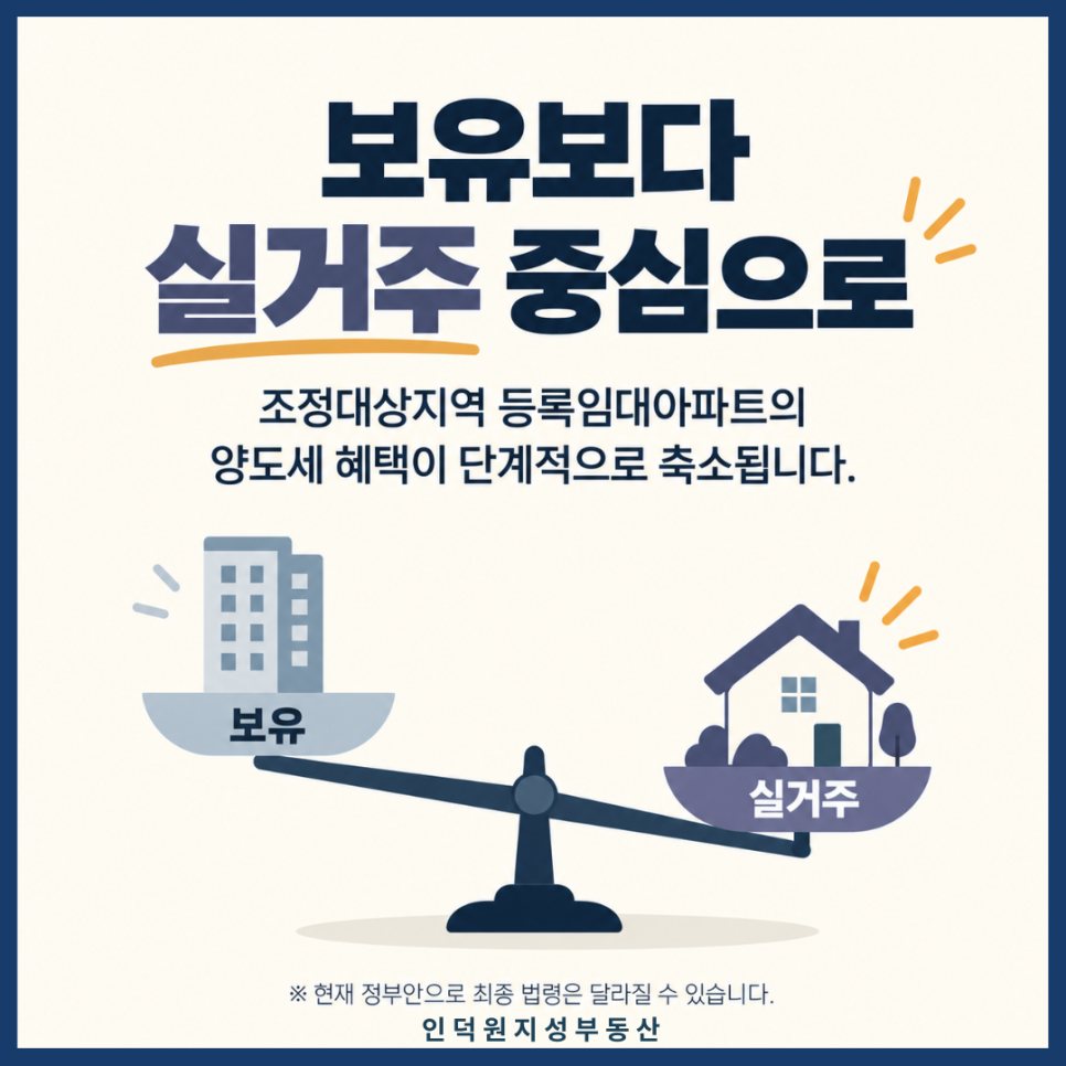 보유보다 실거주 중심으로 — 조정대상지역 등록임대아파트의 양도세 혜택이 단계적으로 축소됩니다