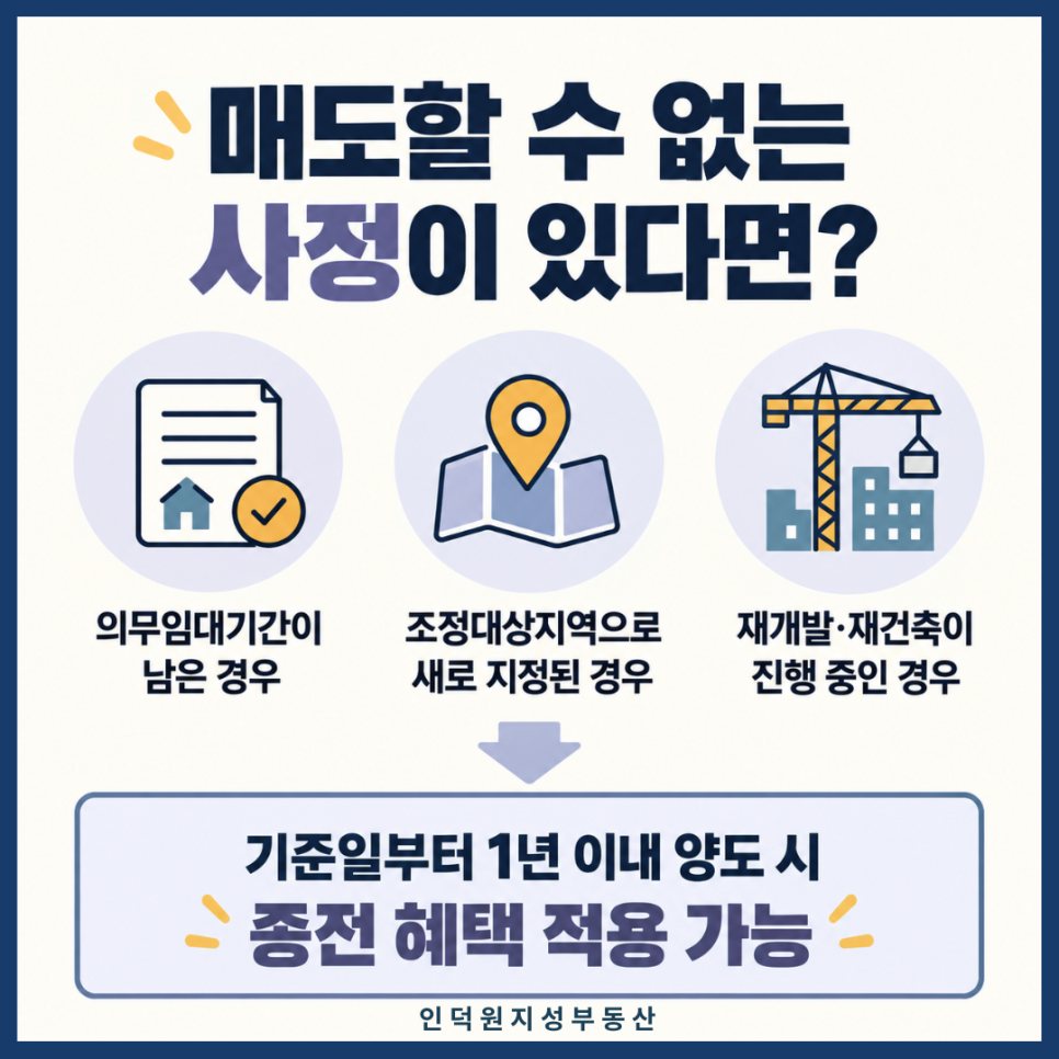 매도할 수 없는 사정이 있다면? 의무임대기간이 남은 경우·조정대상지역으로 새로 지정된 경우·재개발 재건축이 진행 중인 경우 — 기준일부터 1년 이내 양도 시 종전 혜택 적용 가능