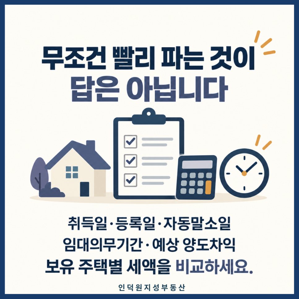 무조건 빨리 파는 것이 답은 아닙니다 — 취득일·등록일·자동말소일·임대의무기간·예상 양도차익, 보유 주택별 세액을 비교하세요